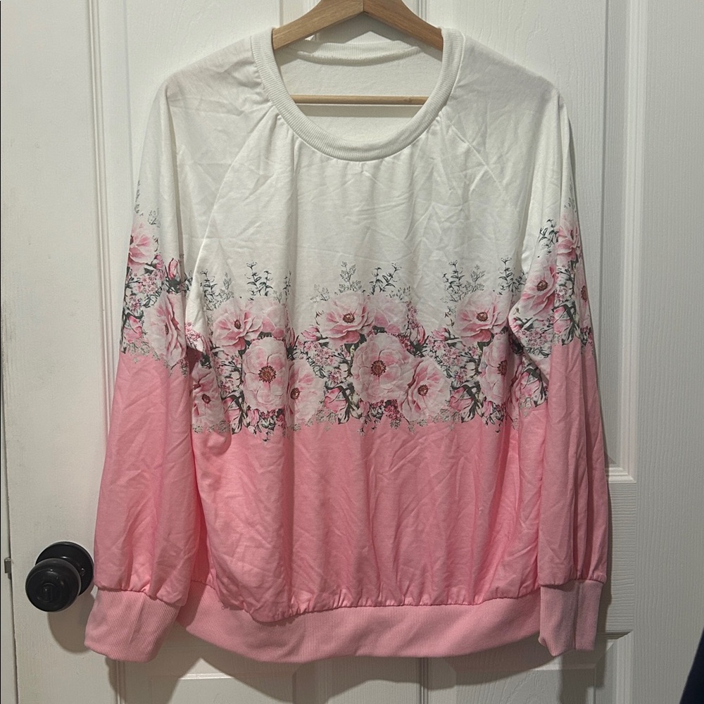 SHEIN Floral Pink and White Crew Neck Sweater NWOT